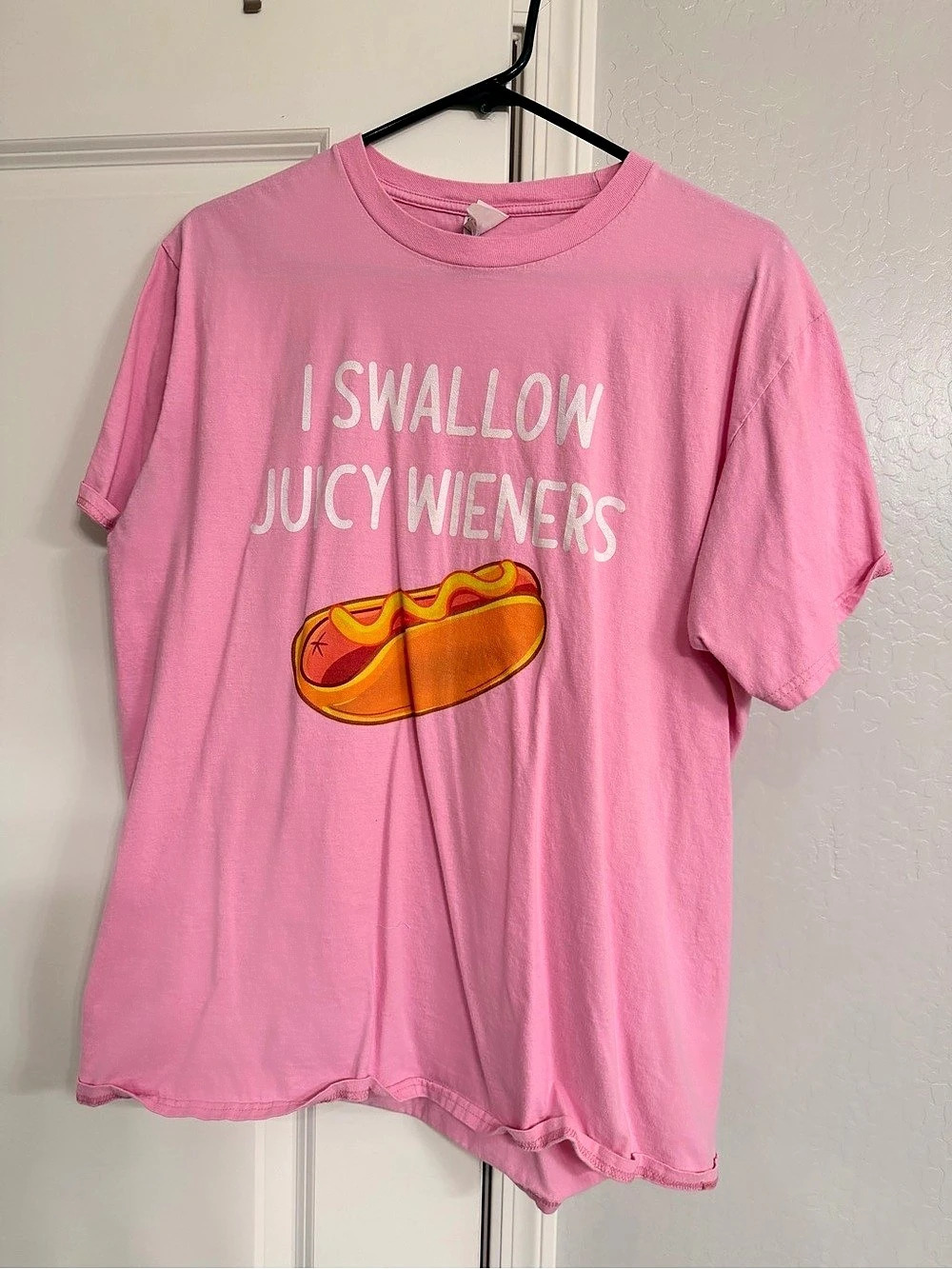 Hanes I Swallow Juicy Wieners Graphic Tee Pink Large